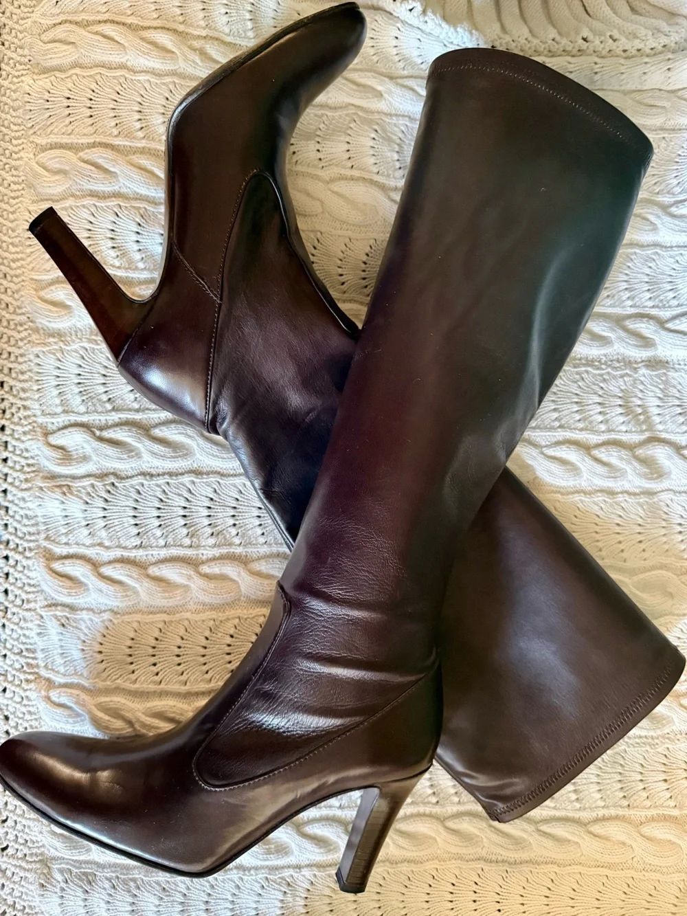 Cole Haan Dark Brown Leather Knee Heeled Boots with Stretch Panel At Calf